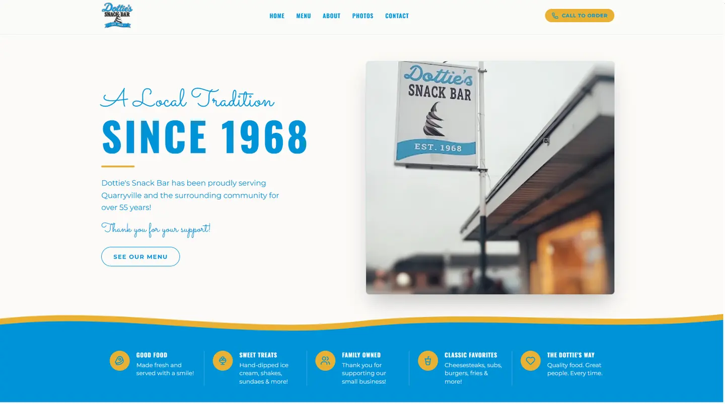 Full desktop website presentation for Dottie's Snack Bar