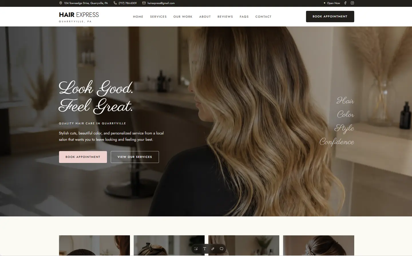 Full desktop website presentation for Hair Express