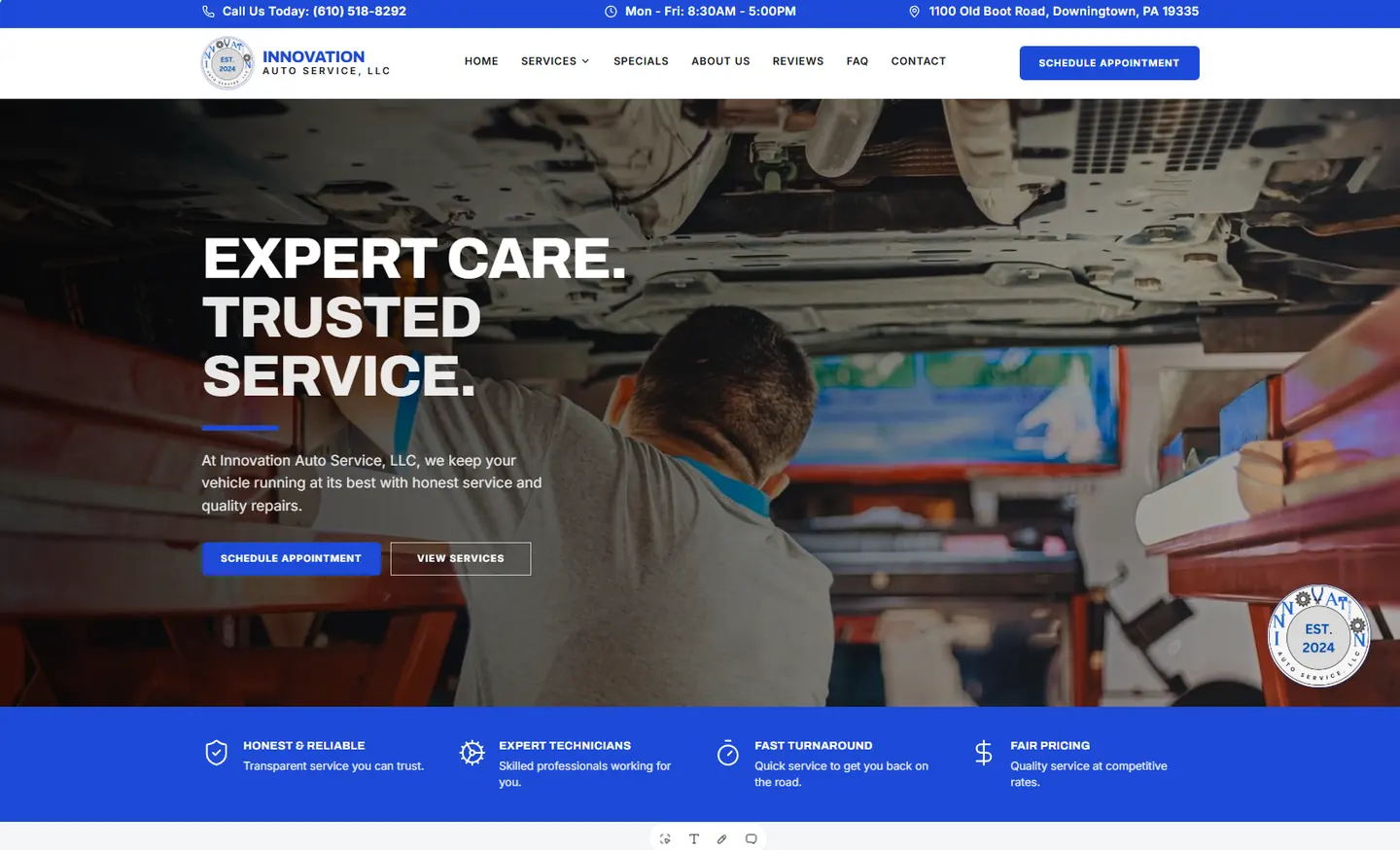 Full desktop website presentation for Innovation Auto Service, LLC