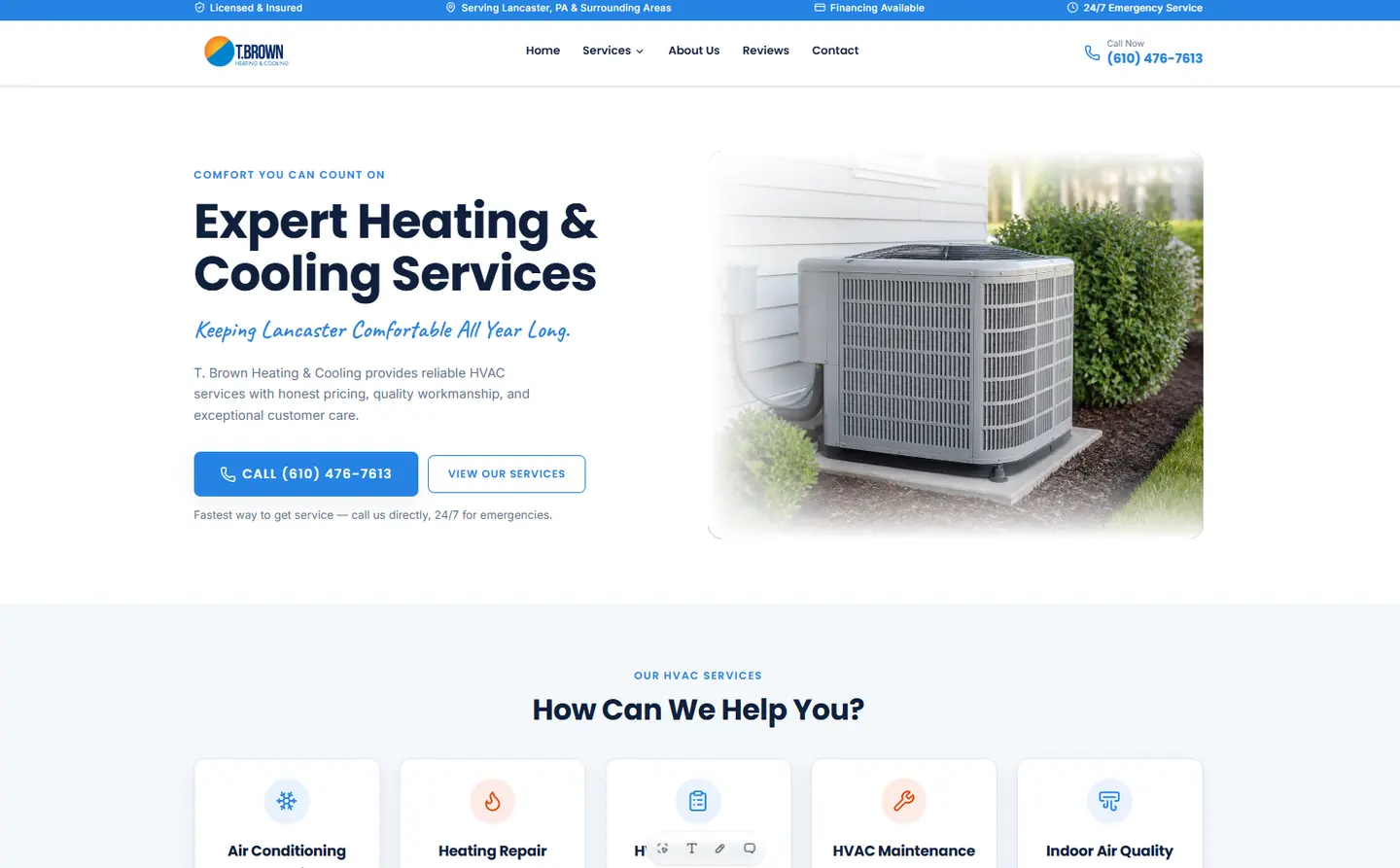 Full desktop website presentation for T. Brown Heating & Cooling