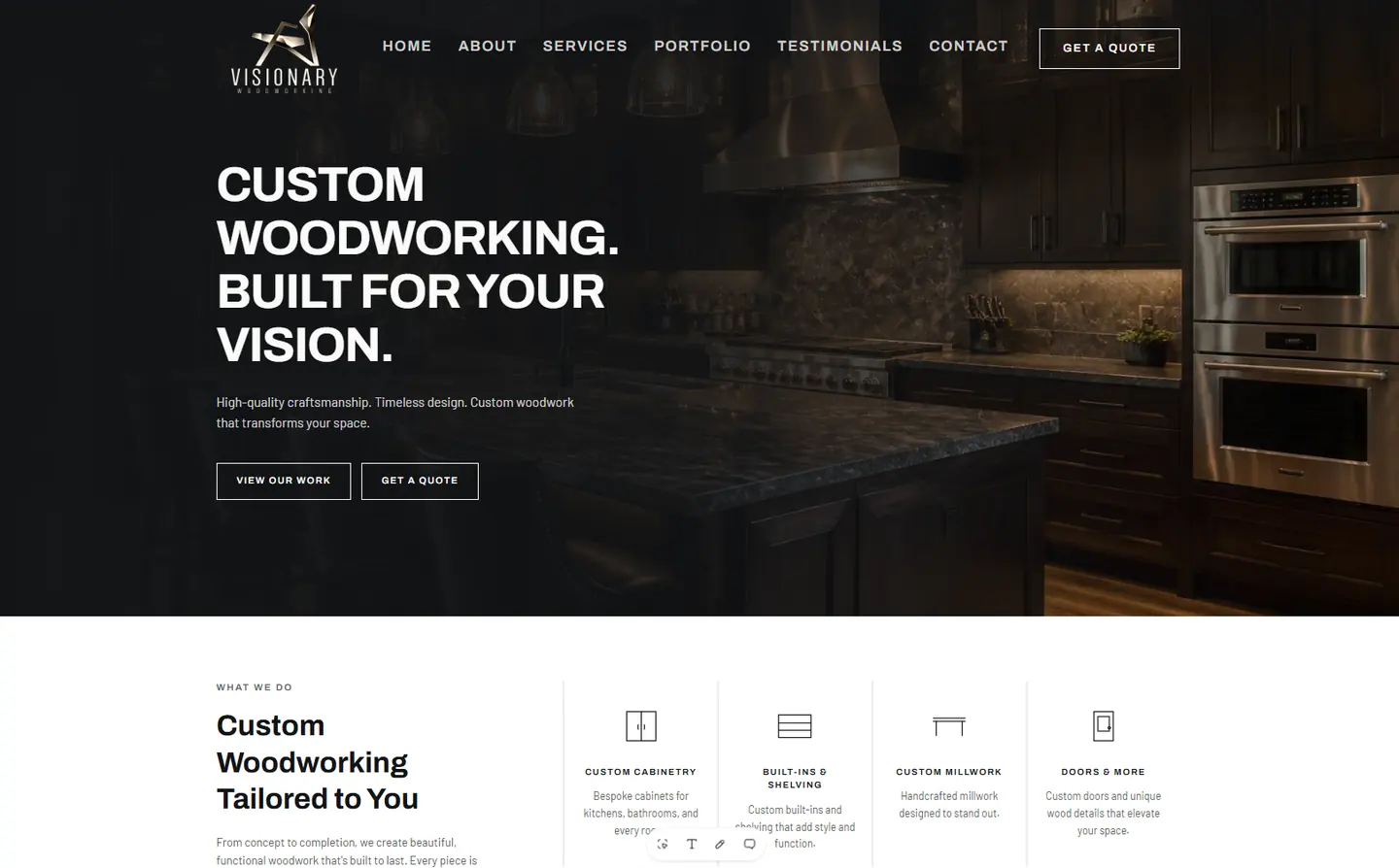 Full desktop website presentation for Visionary Woodworking